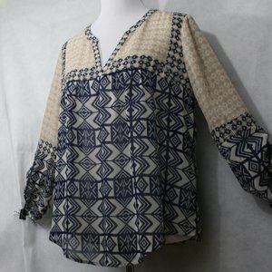 Lucky Brand Navy & Tan Sheer Polyester Blouse SZ L NWOT